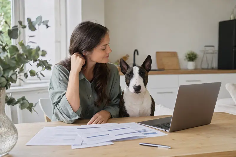 Ein Miniature Bull Terrier sitzt entspannt neben seinem Besitzer am Küchentisch, während Versicherungsunterlagen und ein Laptop mit einer Vergleichsseite sichtbar sind.