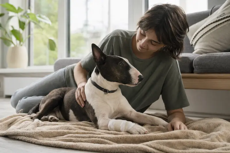 Ein Miniature Bull Terrier mit leicht bandagierter Pfote liegt ruhig auf einer Decke neben seinem erleichterten Besitzer in einer hellen Wohnung.