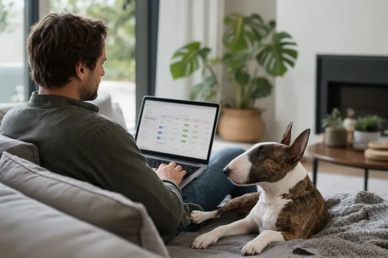 Ein Besitzer arbeitet am Laptop auf dem Sofa, während ein Miniature Bull Terrier nahebei sitzt, um die richtige Tierkrankenversicherung zu wählen.