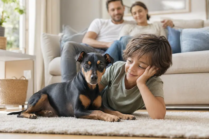 Ein freundlicher Minidoberman Hund liegt entspannt neben einem Kind in einem hellen Wohnzimmer.