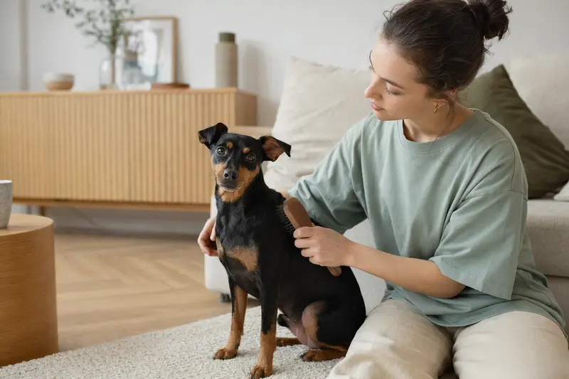 Ein Minidoberman wird zuhause liebevoll gebürstet, was auf die Wichtigkeit von Fellpflege hinweist.