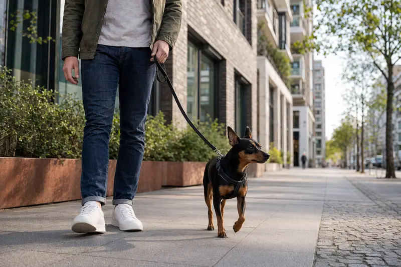 Ein Minidoberman läuft entspannt an der Leine mit seinem Besitzer durch eine moderne Stadtstraße.