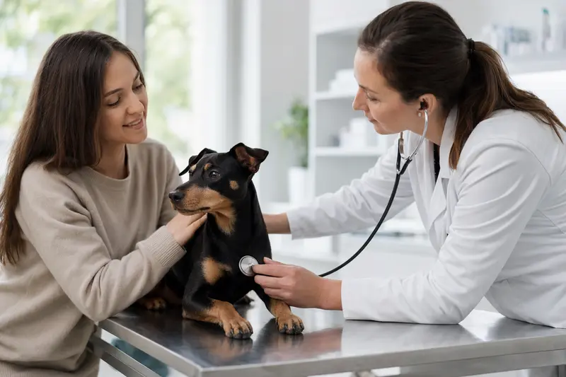 Ein freundlicher Minidoberman auf einem Untersuchungstisch wird von einer Tierärztin mit Stethoskop in einer modernen Tierarztpraxis untersucht, während sein Besitzer beruhigend daneben steht.