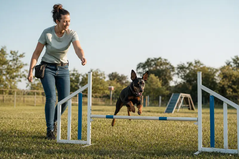 Ein aktiver Minidoberman mit seinem Besitzer beim Training auf einem Hundeplatz.