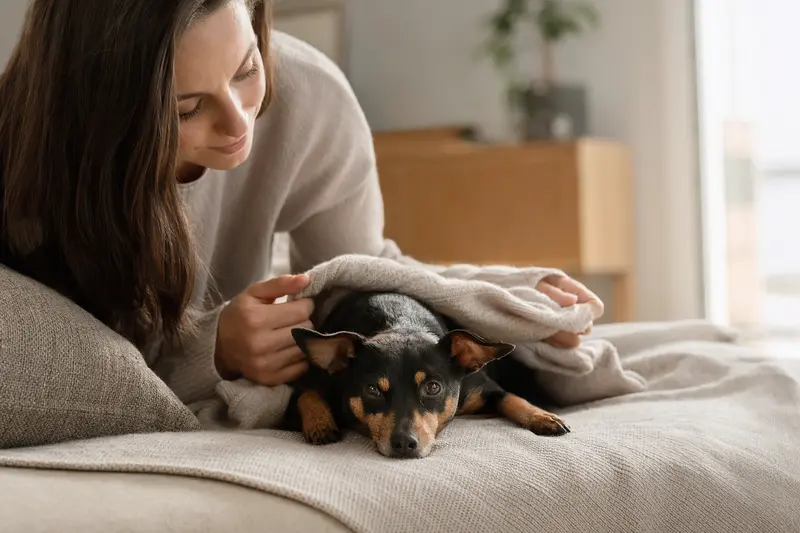 Ein entspannter Minidoberman liegt in einem hellen Zuhause, während sein Besitzer ihm liebevoll eine Decke überlegt.