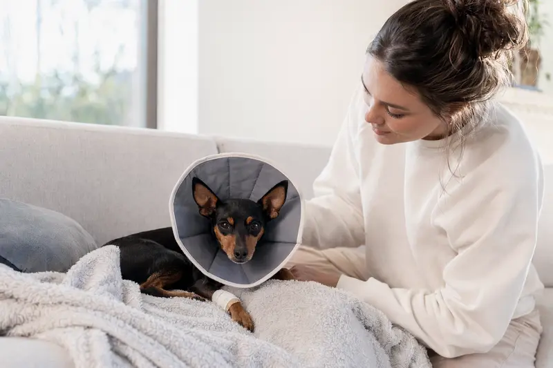 Ein Minidoberman Hund ruht nach einer tierärztlichen Behandlung auf einer weichen Decke in Gesellschaft seines besorgten Besitzers.