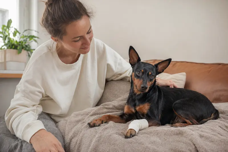 Ein Minidoberman mit Verband ruht sich neben seinem Besitzer in einer hellen Wohnung aus.