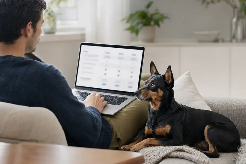 Ein Besitzer arbeitet am Laptop auf dem Sofa, während ein Minidoberman neben ihm sitzt und die unklare Versicherungsvergleichs-Oberfläche betrachtet.