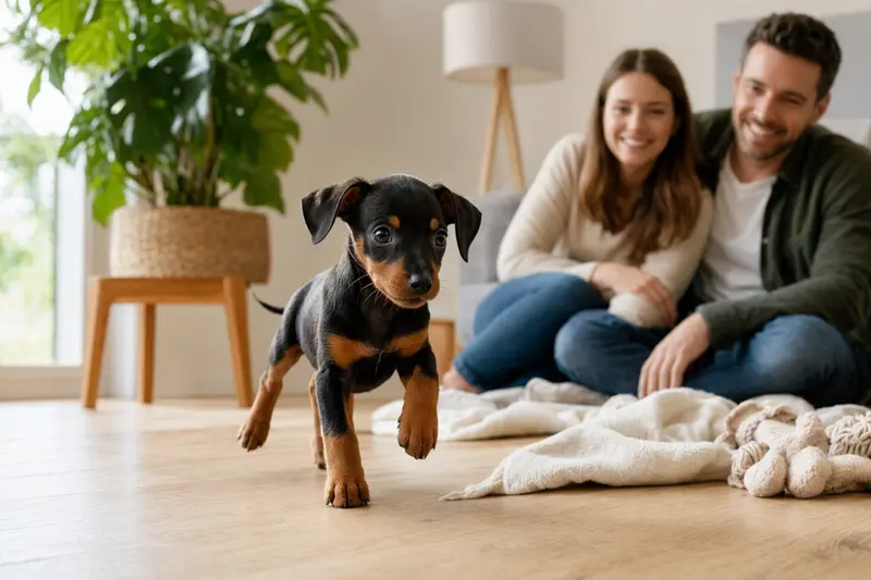 Ein junger Minidoberman Welpe erkundet neugierig sein neues Zuhause mit einer weichen Decke und Spielzeugen.