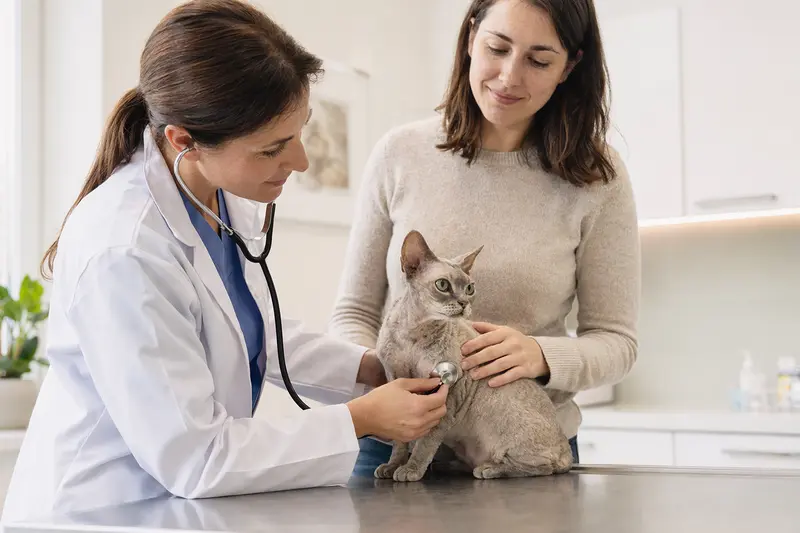 Eine ruhige Minskin Katze wird behutsam von einer freundlichen Tierärztin mit einem Stethoskop in einer modernen Tierarztpraxis untersucht.