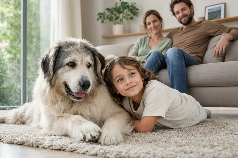 Ein freundlicher Mioritic Hund liegt entspannt neben einem Kind im Wohnzimmer, während die Eltern im Hintergrund stehen und die sichere Familienatmosphäre durch warmes, natürliches Licht betont wird.