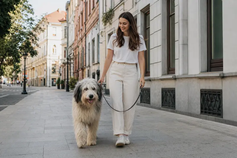 Ein Mioritic Hund läuft an der Leine mit seinem Besitzer entspannt durch eine moderne Stadtstraße.