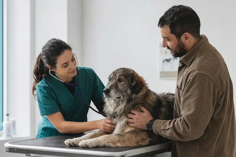 Ein Mioritic Hund wird von einer Tierärztin behutsam mit einem Stethoskop in einer modernen Tierarztpraxis untersucht, während der Besitzer beruhigend danebensteht.