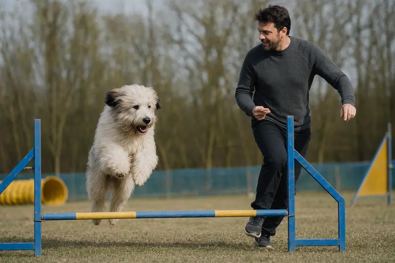 Ein aktiver Mioritic Hund springt mit seinem Besitzer über eine kleine Trainingshürde auf dem Hundeplatz.