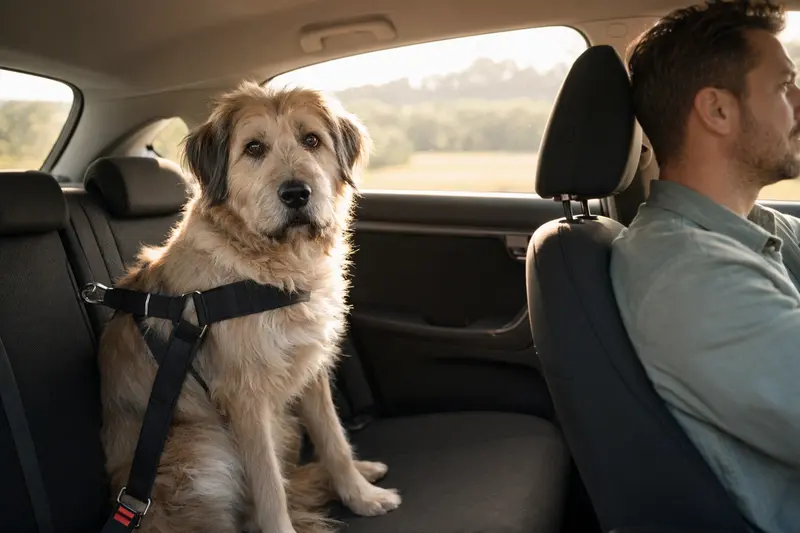 Ein Mioritic Hund sitzt sicher angeschnallt auf der Rückbank eines Autos und vermittelt verantwortungsvolle Hundesicherheit beim Autofahren.