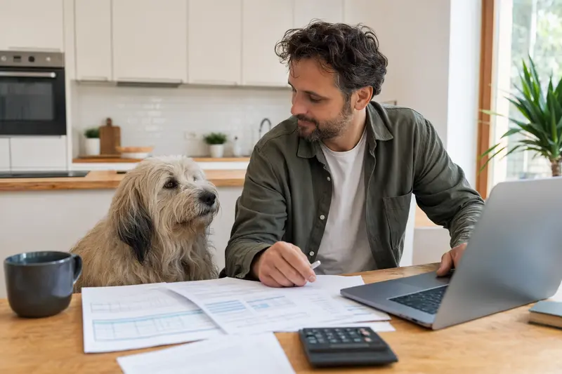 Ein Mioritic Hund sitzt ruhig neben seinem Besitzer am Küchentisch mit Versicherungsunterlagen und einem Laptop zu einer Hundekrankenversicherung.