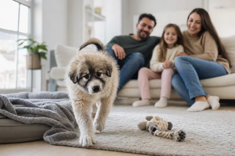 Ein junger Mioritic Welpe erkundet neugierig seine neue Wohnung mit einer liebevollen Familie im Hintergrund.