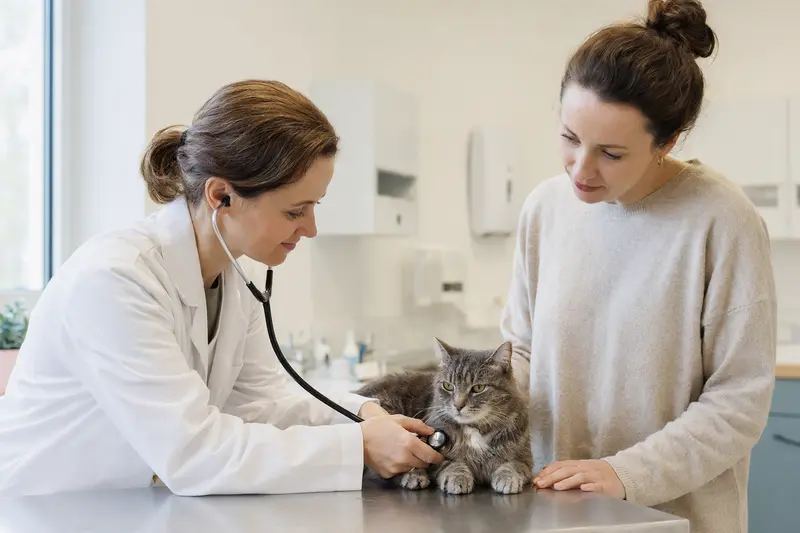 Eine ruhige Mischling Katze wird von einer freundlichen Tierärztin sanft mit einem Stethoskop untersucht.