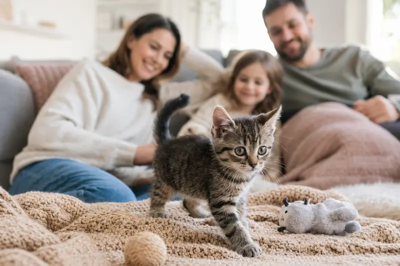 Ein neugieriges Katzenkitten erkundet sein neues Zuhause mit Spielzeug und weicher Decke.