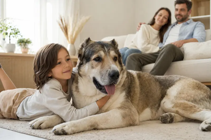 Ein freundlicher Mittelasiatischer Owtscharka liegt entspannt neben einem Kind im hellen Wohnzimmer einer Familie.