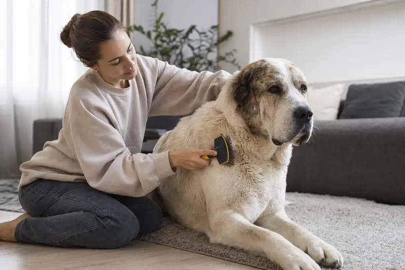 Ein Mittelasiatischer Owtscharka wird zuhause sanft gebürstet, während sein Besitzer die Fellpflege liebevoll übernimmt.