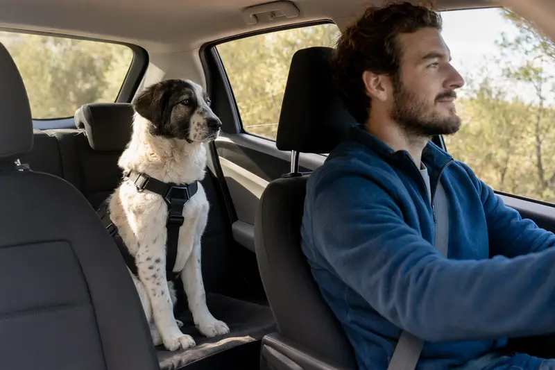 Ein Mittelasiatischer Owtscharka sitzt sicher angeschnallt auf der Rückbank eines Autos und vermittelt verantwortungsvolle Hundehaltung beim Transport.