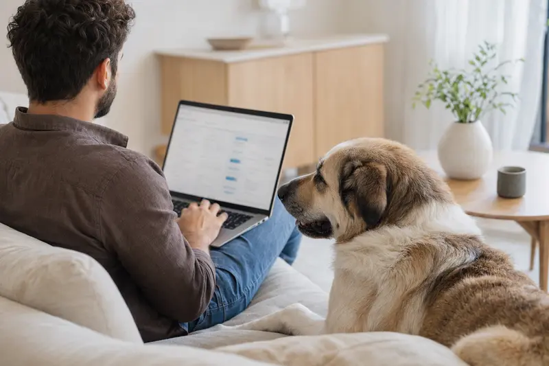 Ein Hundebesitzer sitzt entspannt auf dem Sofa mit einem Laptop, während ein Mittelasiatischer Owtscharka neben ihm liegt.