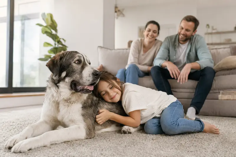 Ein freundlicher Mittelasiatischer Schäferhund liegt entspannt neben einem Kind im hellen Wohnzimmer einer sicheren Familie.