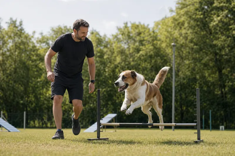 Mittelasiatischer Schäferhund beim Training über eine kleine Hürde auf dem Hundeplatz mit seinem Besitzer in sonniger, sicherer Atmosphäre.