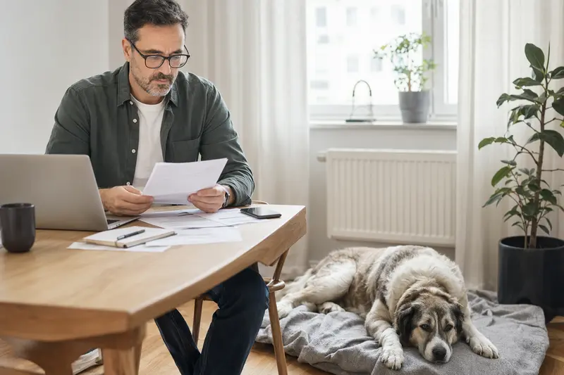 Ein Hundehalter sitzt mit einer Tierarztrechnung am Tisch, während ein entspannter Mittelasiatischer Schäferhund ruhig auf einer Decke neben ihm liegt.