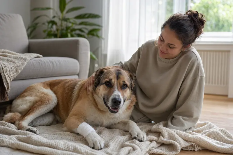 Ein Mittelasiatischer Schäferhund liegt mit leicht verbundenem Pfotenverband ruhig auf einer Decke, während sein Besitzer daneben erleichtert sitzt.