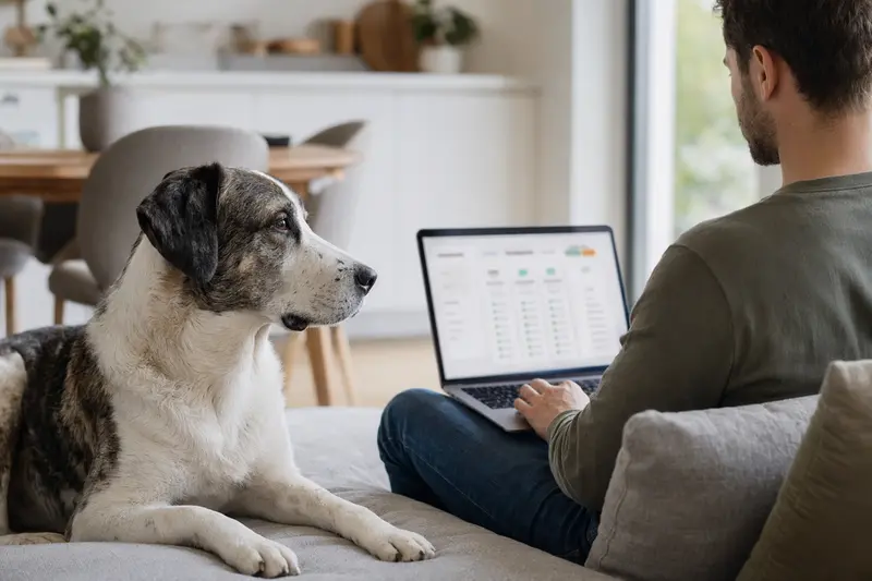 Ein Hundebesitzer arbeitet am Laptop auf dem Sofa, während ein Mittelasiatischer Schäferhund an seiner Seite sitzt.