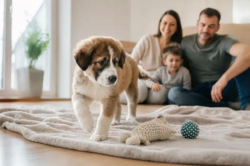 Ein neugieriger Mittelasiatischer Schäferhund Welpe erkundet seine neue, freundliche Wohnung mit Spielzeug und einer weichen Decke.