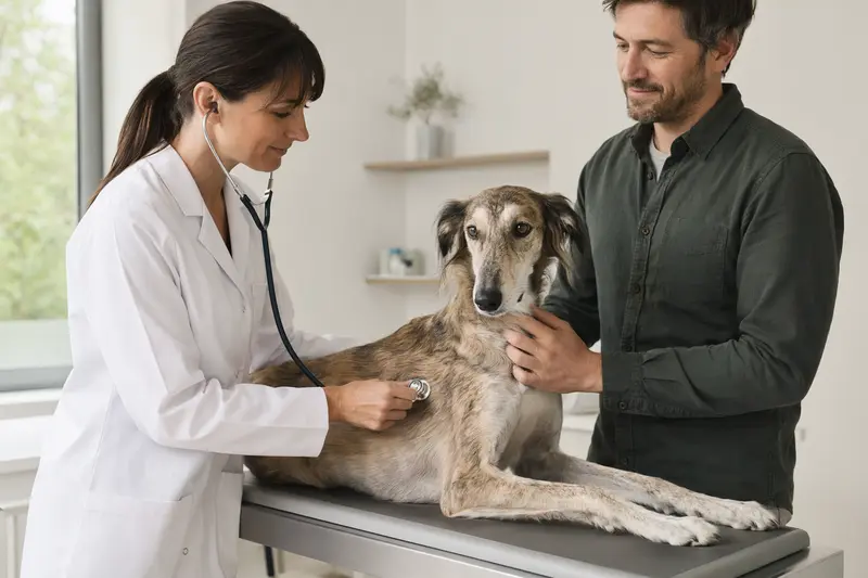 Ein Mittelasiatischer Tazi Hund wird von einer Tierärztin mit einem Stethoskop in einer modernen Praxis untersucht, während sein Besitzer beruhigend an seiner Seite steht.