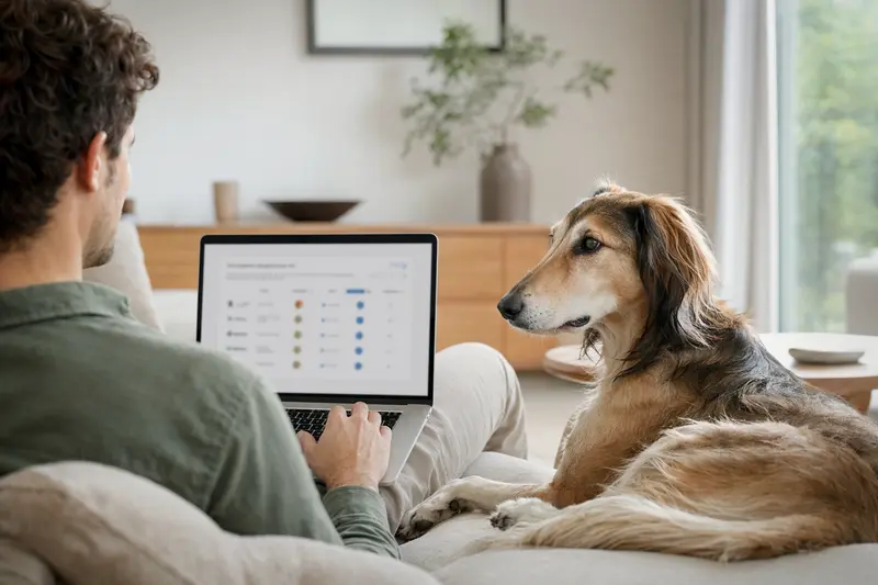 Besitzer sitzt mit Laptop auf dem Sofa, während sein Mittelasiatischer Tazi Hund neben ihm liegt und eine neutrale Versicherungsvergleichs-Oberfläche angezeigt wird.