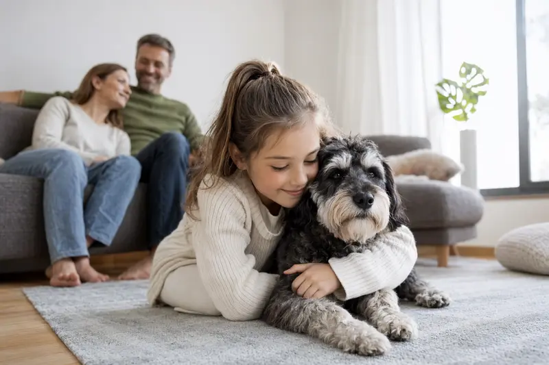 Ein entspannter Mittelschnauzer liegt im Wohnzimmer neben einem Kind, während die Eltern im Hintergrund eine sichere und vertrauensvolle Familienatmosphäre schaffen.