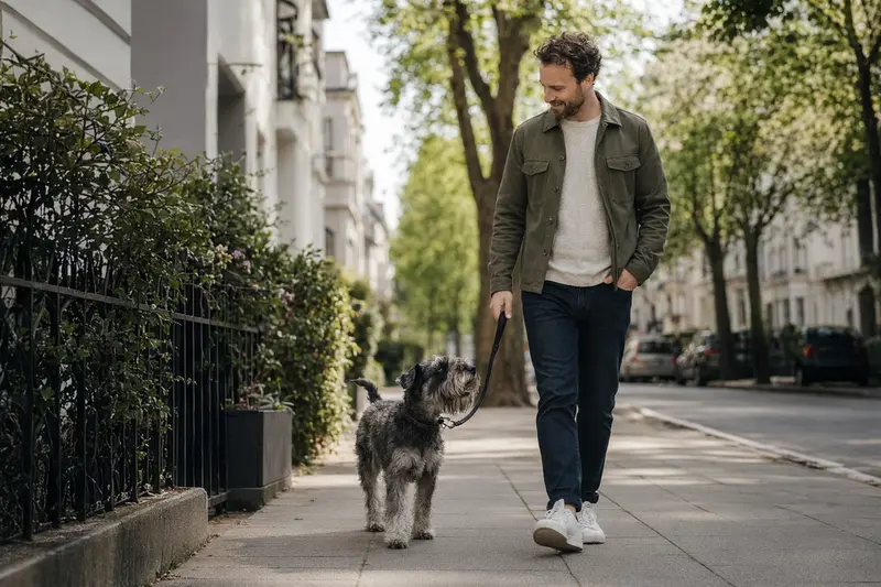 Ein Mittelschnauzer läuft an der Leine mit seinem Besitzer durch eine freundliche moderne Stadtstraße.