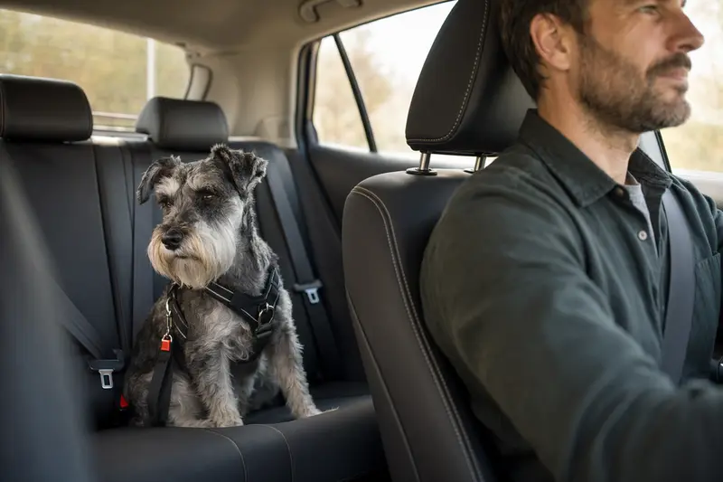 Ein Mittelschnauzer sitzt sicher angeschnallt auf der Rückbank eines Autos, während sein Besitzer ruhig fährt.