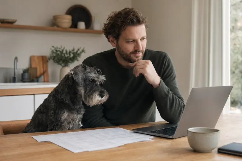 Ein Mittelschnauzer sitzt ruhig neben seinem Besitzer am Küchentisch mit Versicherungsunterlagen und Laptop zur Hundeversicherung.