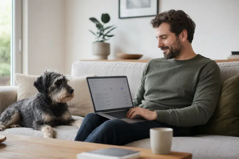 Ein Hundebesitzer sitzt mit einem Mittelschnauzer auf dem Sofa und vergleicht Versicherungen auf seinem Laptop.