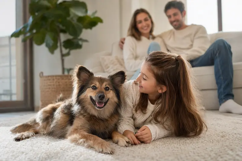 Ein freundlicher Mittelspitz liegt entspannt neben einem Kind im Wohnzimmer, während die Eltern im Hintergrund eine sichere Familienatmosphäre unterstreichen.