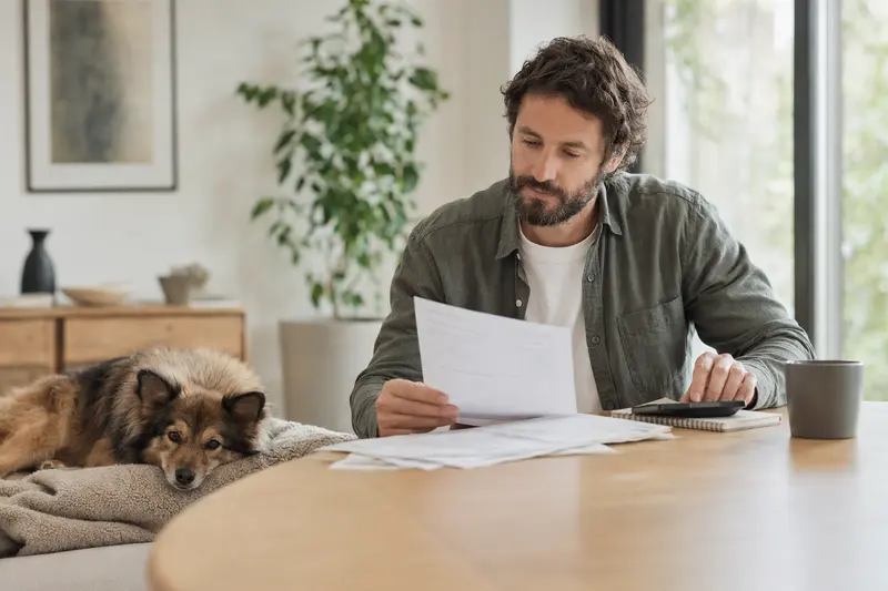 Besitzer mit Tierarztrechnung am Tisch, während ein entspannter Mittelspitz auf einer Decke liegt – ein ruhiges Motiv zu Tierarztkosten und Hundekrankenversicherung.