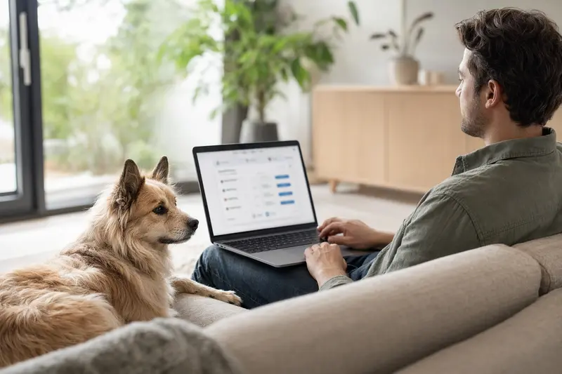 Ein Hundebesitzer arbeitet entspannt mit seinem Laptop auf dem Sofa, während ein Mittelspitz Hund neben ihm sitzt und eine neutrale Versicherungsvergleichs-Webseite im Hintergrund sichtbar ist.