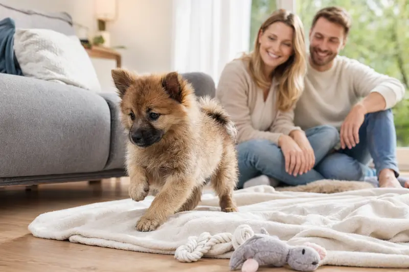 Ein junger Mittelspitz Welpe erkundet neugierig sein neues Zuhause mit Spielzeug und weicher Decke, während eine liebevolle Familie im Hintergrund zu sehen ist.