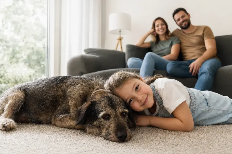 Ein freundlicher Mocano Hund liegt entspannt neben einem Kind im Wohnzimmer, während die Eltern im Hintergrund eine sichere Familienatmosphäre schaffen.