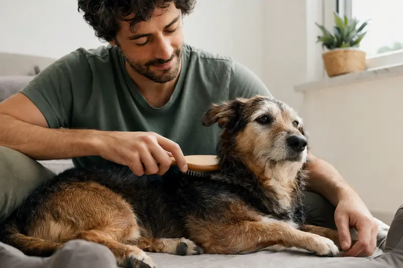 Ein Mocano Hund wird in einer hellen Wohnung sanft gebürstet, während sein Besitzer liebevoll die Fellpflege übernimmt.