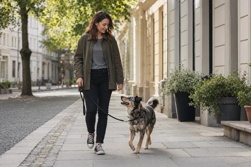 Ein Hund läuft an der Leine mit seinem Besitzer durch eine moderne Stadtstraße in entspannter Alltagssituation.