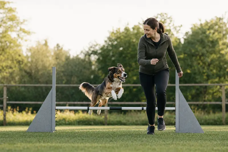 Ein aktiver Hund trainiert mit seinem Besitzer über eine kleine Hürde auf dem Hundeplatz bei sonnigem Wetter.
