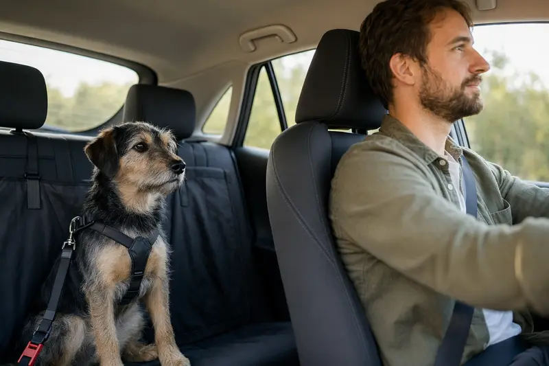 Ein sicher angeschnallter Hund sitzt auf der Rückbank eines Autos, während der Besitzer ruhig fährt und Sonnenlicht durch das Fenster fällt.