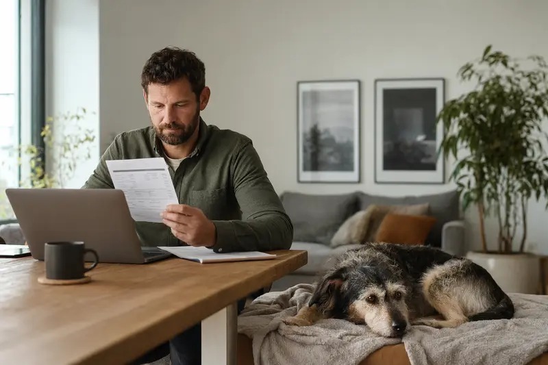 Ein Hundehalter sitzt mit einer Tierarztrechnung am Tisch, während sein entspannter Hund auf einer Decke in der hellen Wohnung liegt.